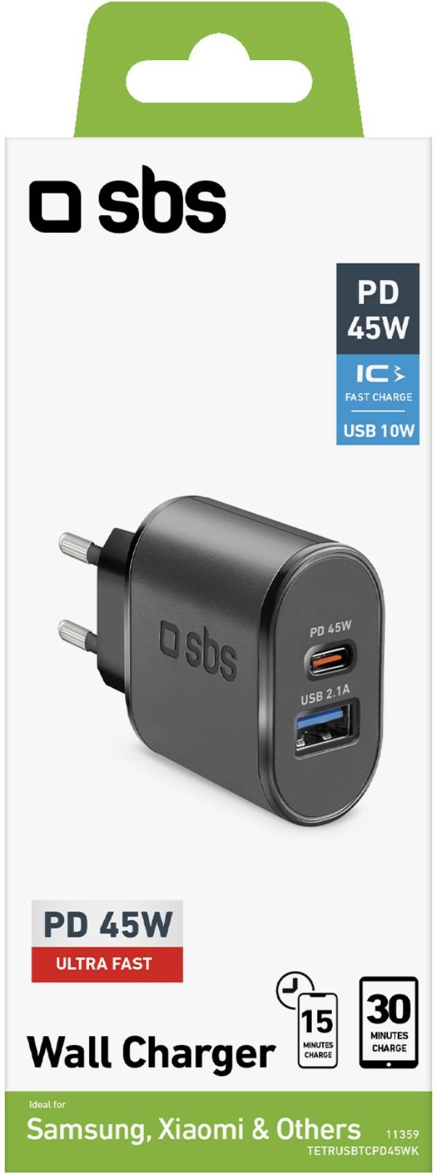 SBS Chargeur secteur Chargeur 45 W - Recharge ultra rapide avec Power Delivery - CHARG-PD45W-USBA