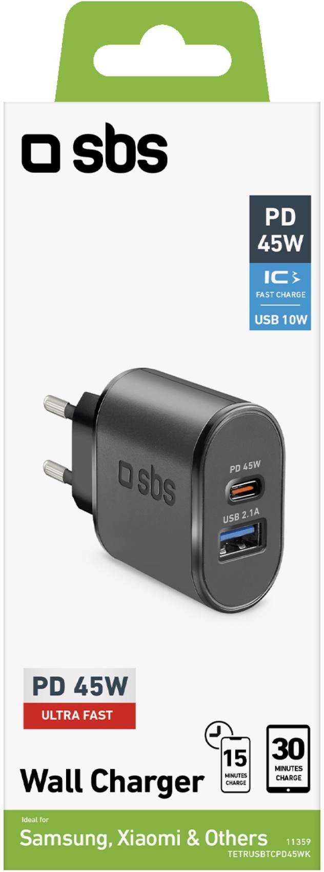 Chargeur secteur SBS Chargeur 45 W - Recharge ultra rapide avec Power Delivery - CHARG-PD45W-USBA