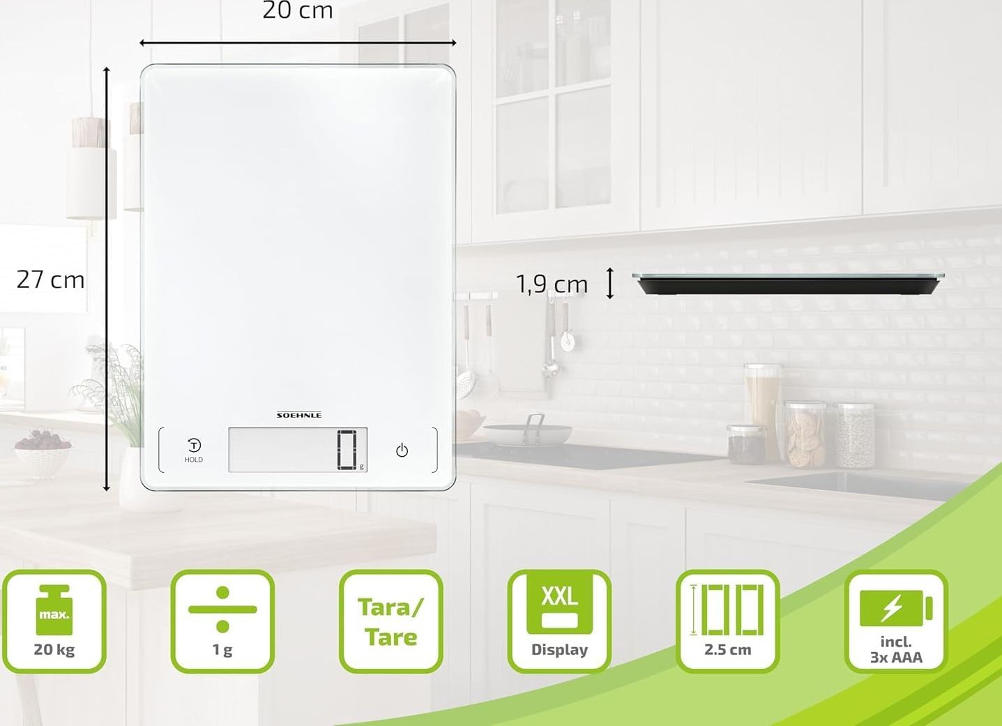 Balance de cuisine SOEHNLE 20kg Sensor Touch Maintien affichage Blanc - 61507