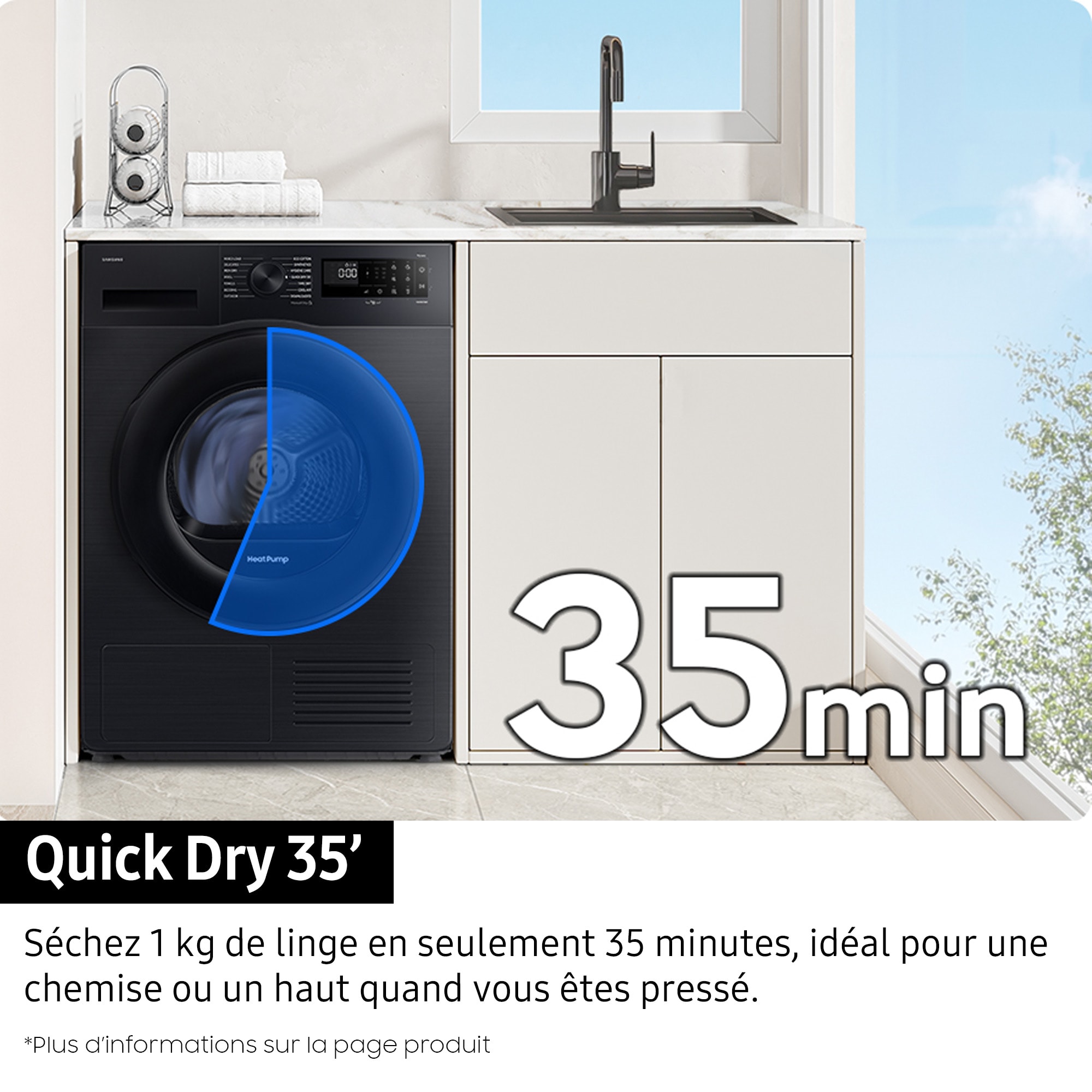 Sèche-linge pompe à chaleur SAMSUNG QuickDrive, 9Kg, Blanc - DV90DG6845LE
