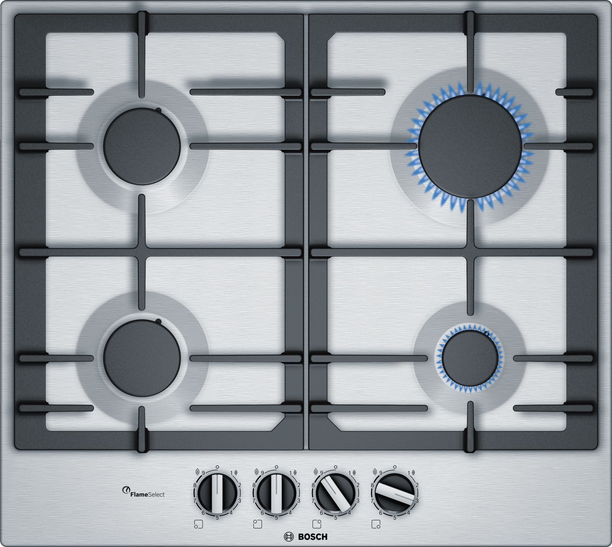 Plaque gaz BOSCH Série 6 4 foyers Flameselect 60cm Inox - PCP6A5B90 Plaque gaz BOSCH Série 6 4 foyers Flameselect 60cm Inox - PCP6A5B90
