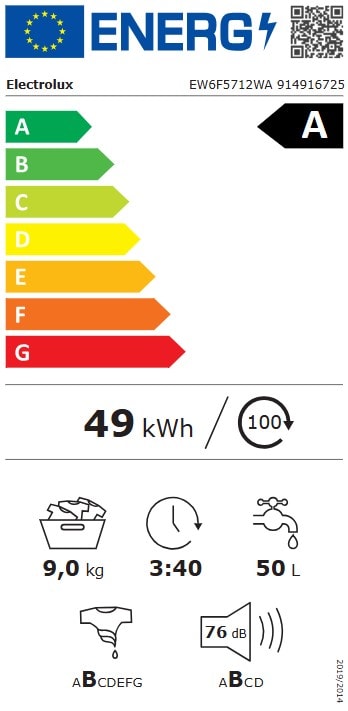 Lave linge Frontal ELECTROLUX 1400 trs/min, 9Kg, Blanc - EW6F5712WA Lave linge Frontal ELECTROLUX 1400 trs/min, 9Kg, Blanc - EW6F5712WA