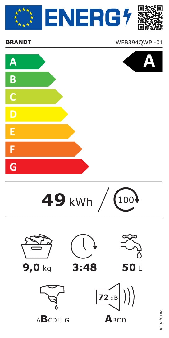 Lave linge Frontal BRANDT , 1400 trs/mn, 9kg, Blanc - WFB394QW