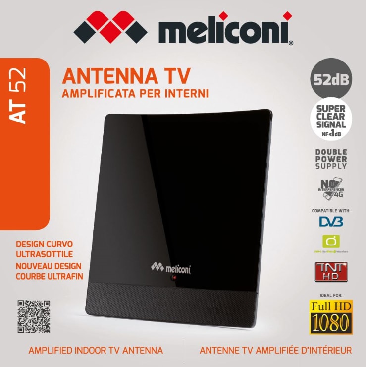 Antenne Intérieure Amplifiée Meliconi-AT 52 - 52 DB - Noir - Réception VHF/UHF (174-230 MHz / 470-790 MHz)