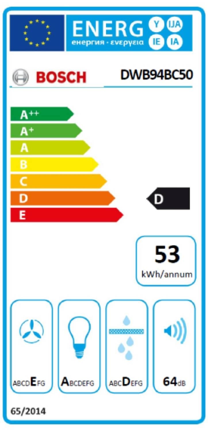 Hotte decorative murale BOSCH Serie 2, 3 vitesses, 64 dB, 90cm, Inox - DWB94BC50