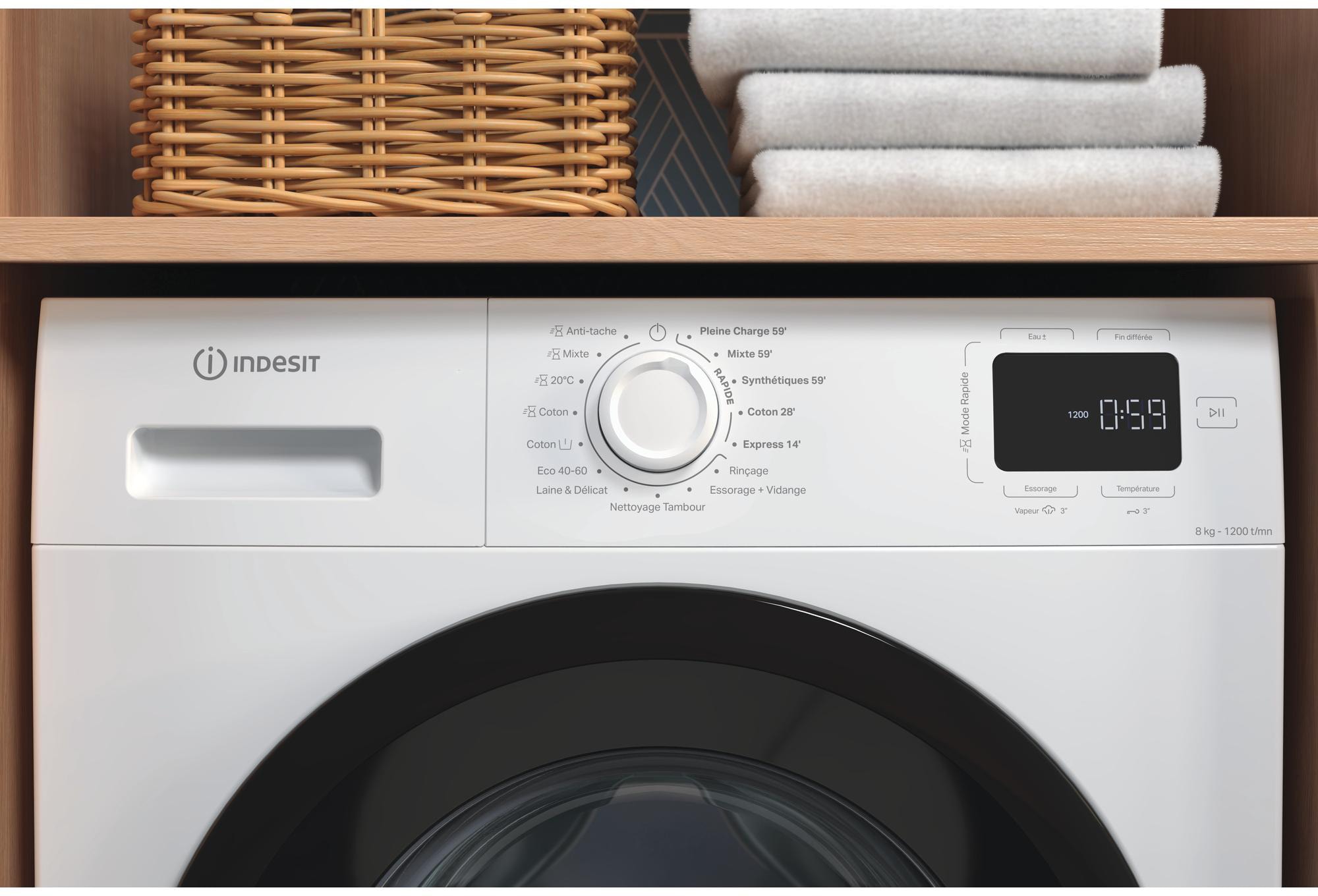 Lave linge Frontal INDESIT 1200 trs/min, 8kg, Blanc - IM862BMYTIMEFR Lave linge Frontal INDESIT 1200 trs/min, 8kg, Blanc - IM862BMYTIMEFR