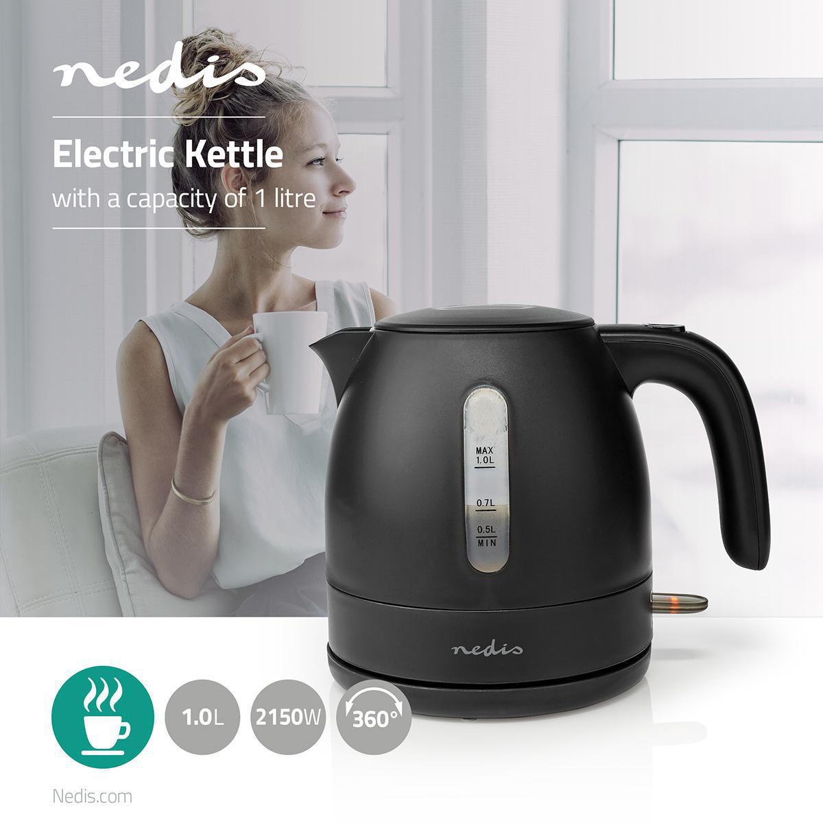 Bouilloire NEDIS , 1L, 2150w, Noir - KAWK300EBK