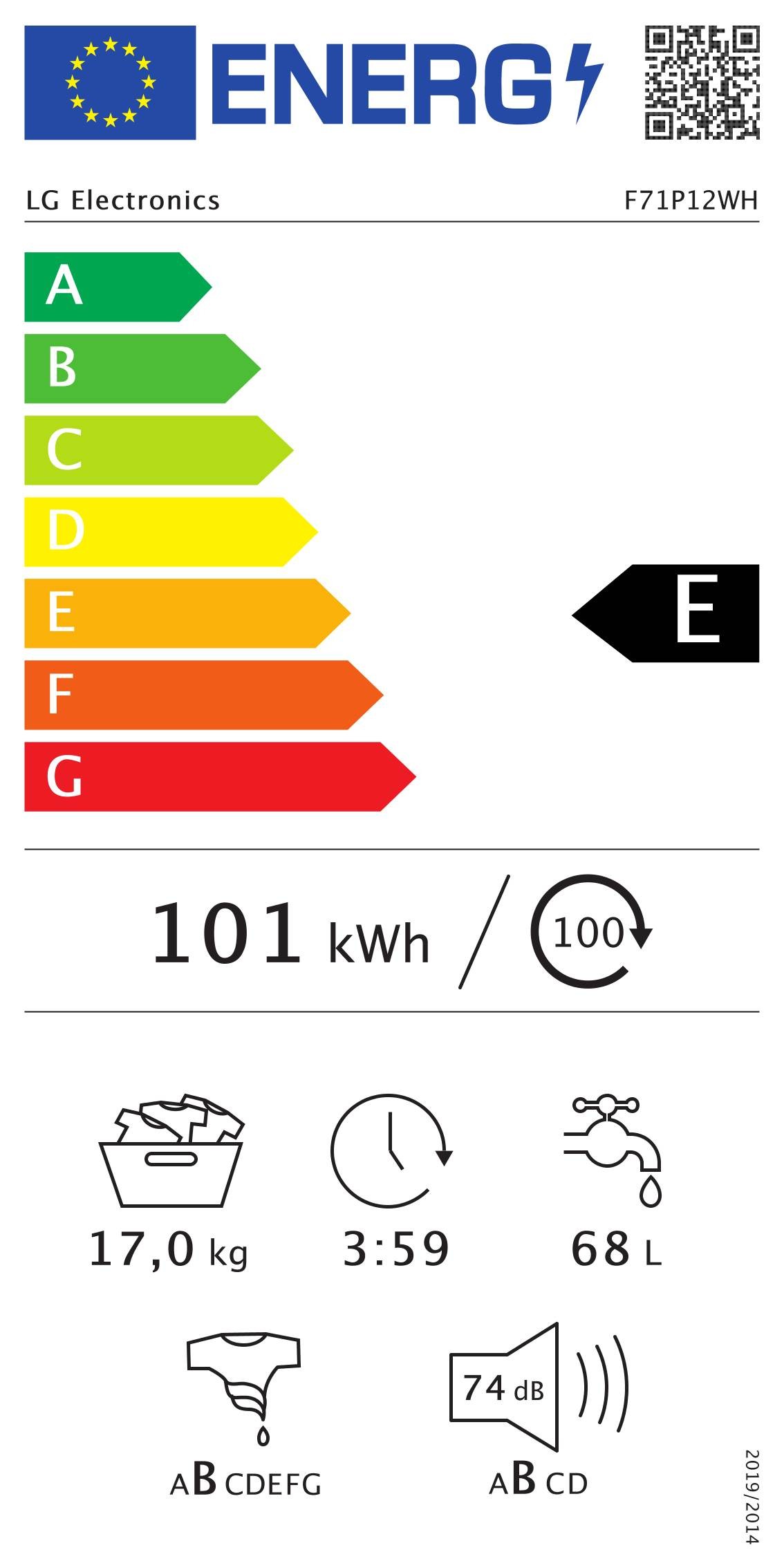 Lave linge Frontal LG , 1100 trs/mn, 17kg, Blanc - F71P12WH