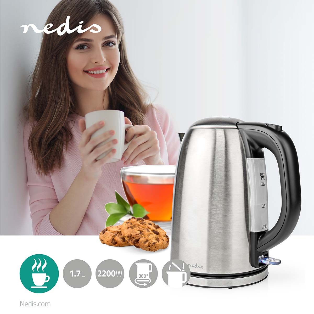 Bouilloire NEDIS , 1,7L, 2200w, Inox - KAWK350EAL