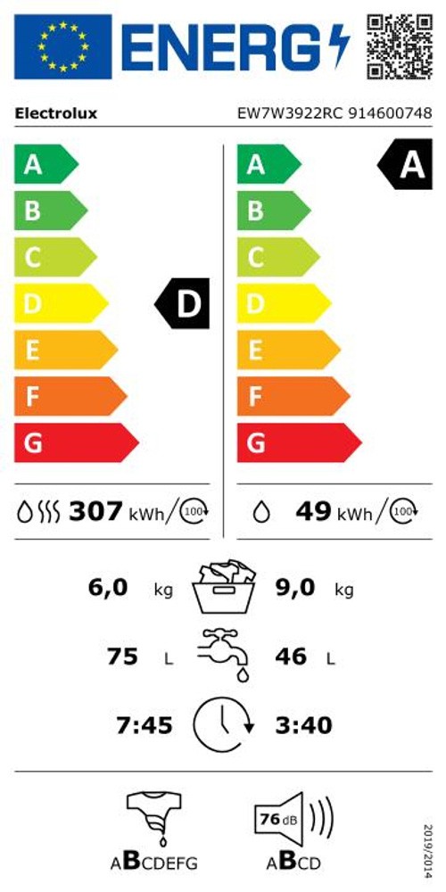 Lave linge sechant Frontal ELECTROLUX PerfectCare 700 vapeur 9kg / 6kg - EW7W3922RC Lave linge sechant Frontal ELECTROLUX PerfectCare 700 vapeur 9kg / 6kg - EW7W3922RC