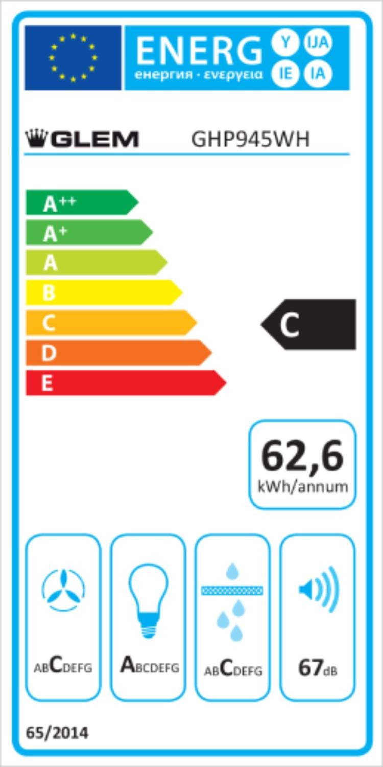 Hotte decorative murale GLEM , 3 vitesses, 67dB, 90cm, Blanc - GHP945WH
