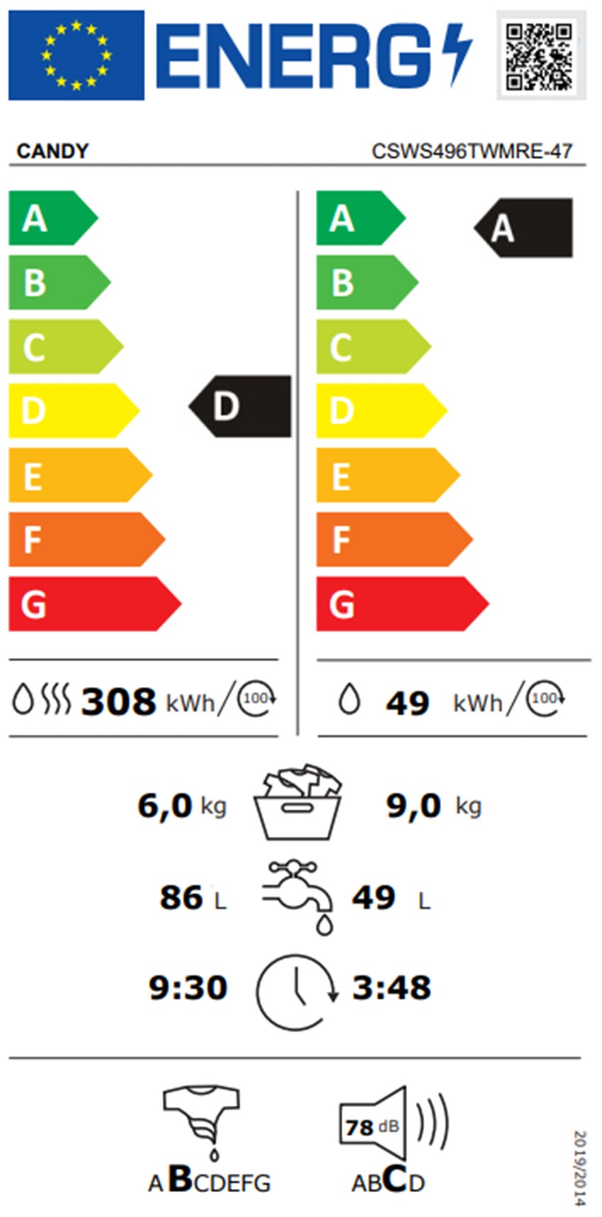 Lave linge sechant Frontal CANDY , 1400trs/mn, 9/6 kg, Blanc - CSWS496TWMRE/FR