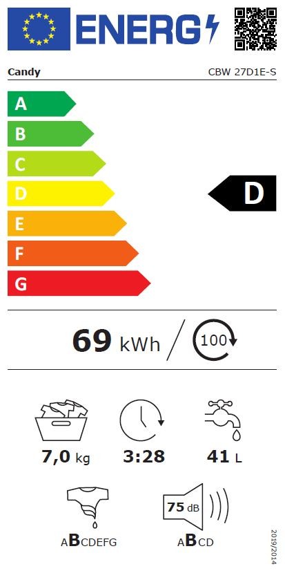 Lave linge encastrable CANDY 60cm, 1200 trs/ min, 7kg, Blanc - CBW27D1E-S