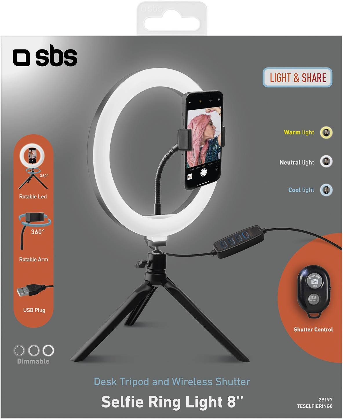 SBS Perche à selfie Anneau lumineux pour selfie de  20cm sur trépied - ANNEAU-LUMINEUX20CM