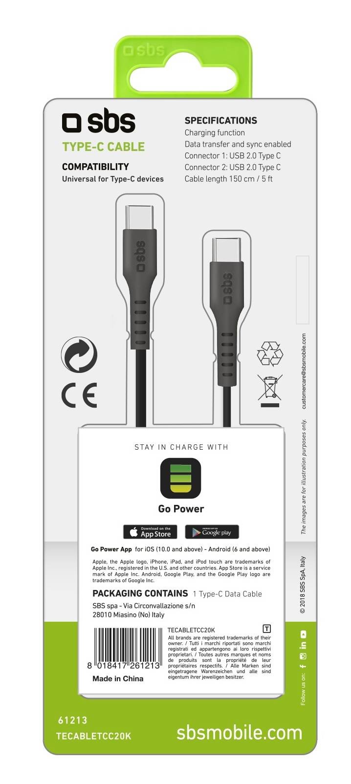 SBS Câble USB Câble de données 1,5 mètres avec connecteurs USB-C - CABLE-USBC-NOIR