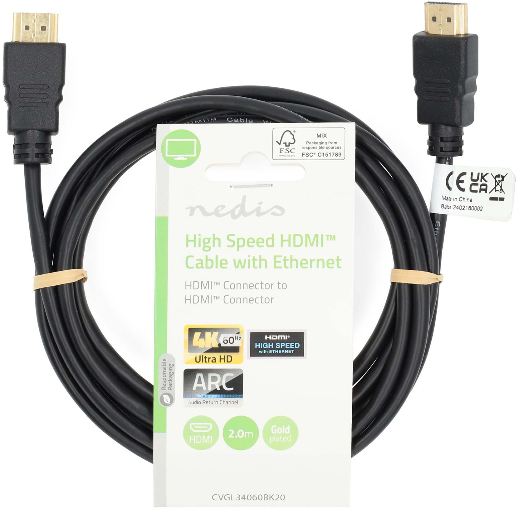 Câble HDMI NEDIS 1.5m 4K 60Hz Ethernet ARC Plaqué or Noir CVGL34060BK15