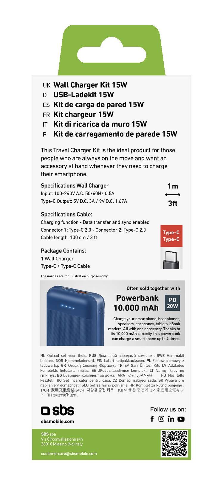 Chargeur secteur SBS Kit avec chargeur secteur 15W et câble USB-C - USB-C - CHARG+CABL-USBC-USBC