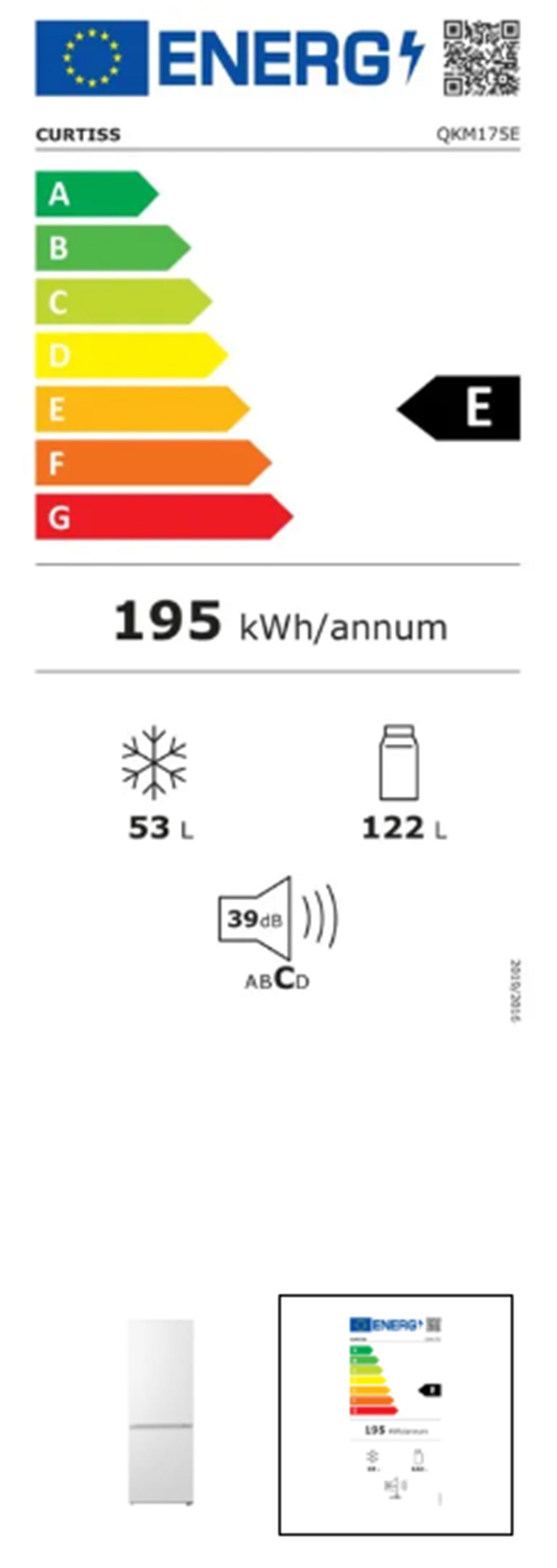Réfrigérateur congélateur bas CURTISS Froid statique, 175L, Blanc - QKM175E