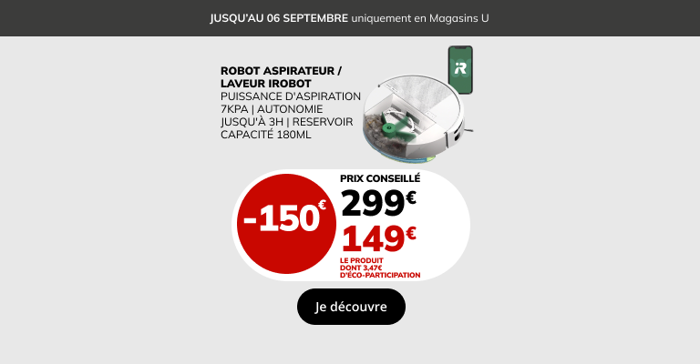 Jusqu'au 6 septembre, -150€ sur l'aspirateur / laveur Robot iRobot, soit 149€ le produit