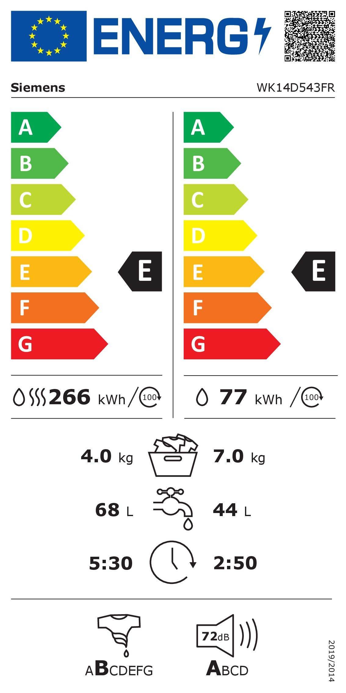 Lave linge sechant encastrable SIEMENS 1355 trs/min 72 dB 7kg - WK14D543FR Lave linge sechant encastrable SIEMENS 1355 trs/min 72 dB 7kg - WK14D543FR