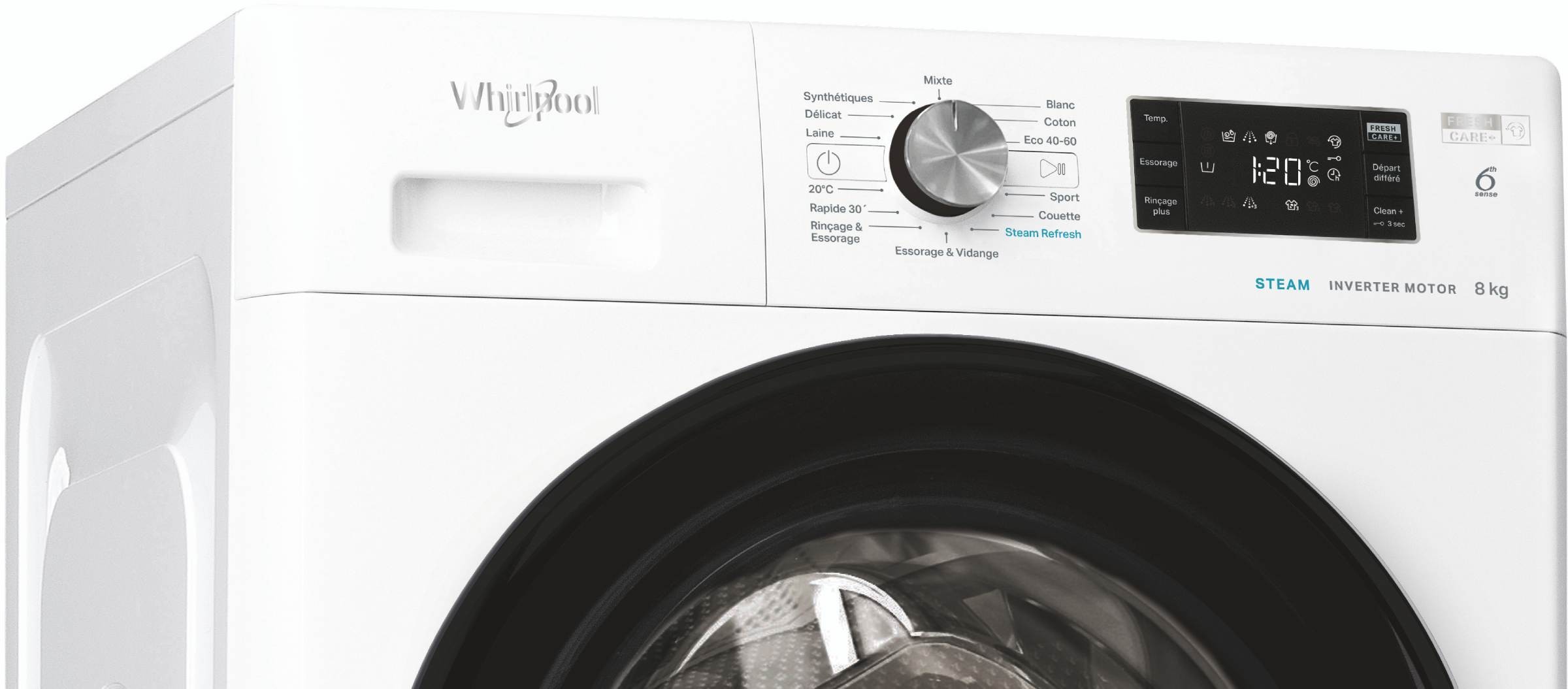 Lave linge Frontal WHIRLPOOL , 1200 trs/mn, 8Kg, Blanc - FFBU8258VFR