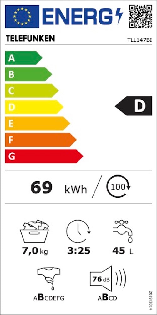 Lave linge encastrable TELEFUNKEN 15 programmes 1400 trs/min 76dB 7kg - TLL147BI