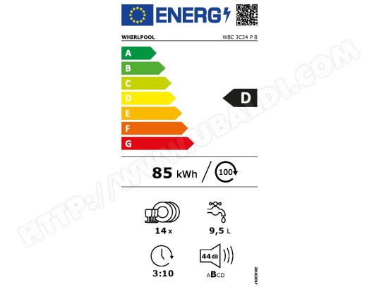 WHIRLPOOL Lave vaisselle integrable 60 cm 6ème Sens Natural Dry 14 couverts - WBC3C34PB