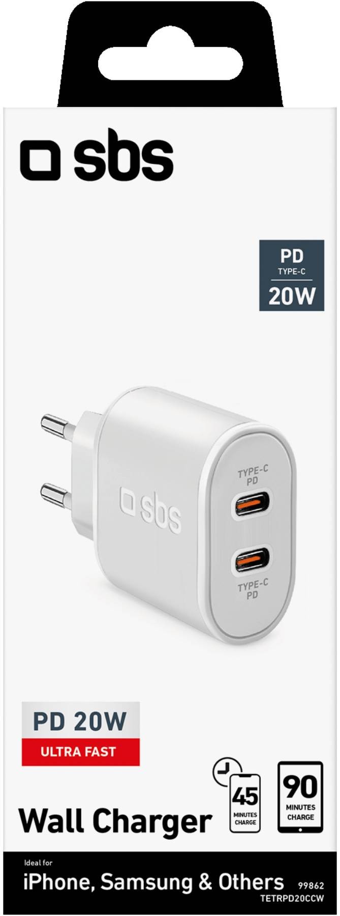 SBS Chargeur secteur Chargeur mural Power Delivery 20 W avec deux sorties USB-C - CHARGEURMURAL-2USBC