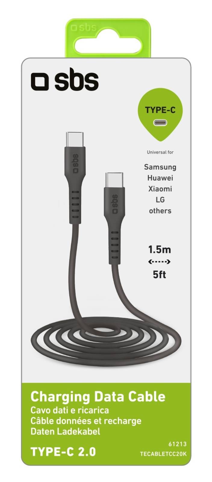 SBS Câble USB Câble de données 1,5 mètres avec connecteurs USB-C - CABLE-USBC-NOIR