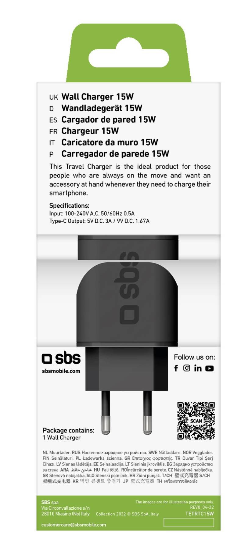 SBS Chargeur secteur Chargeur de batterie 15W ultra-rapide - CHARG-TYPEC-15W