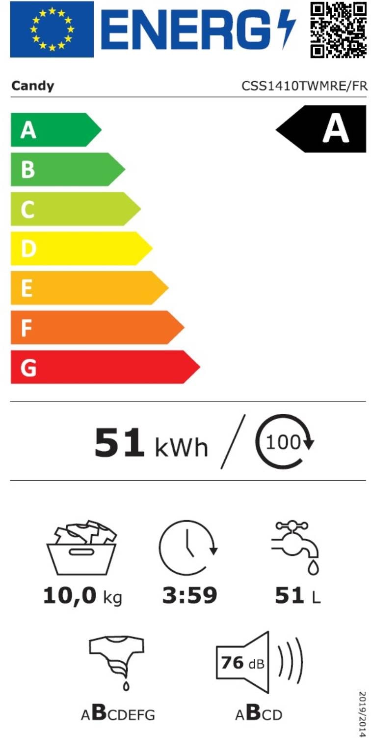 Lave linge Frontal CANDY ,1400 trs/mn, 10kg, Blanc - CSS1410TWMRE-FR