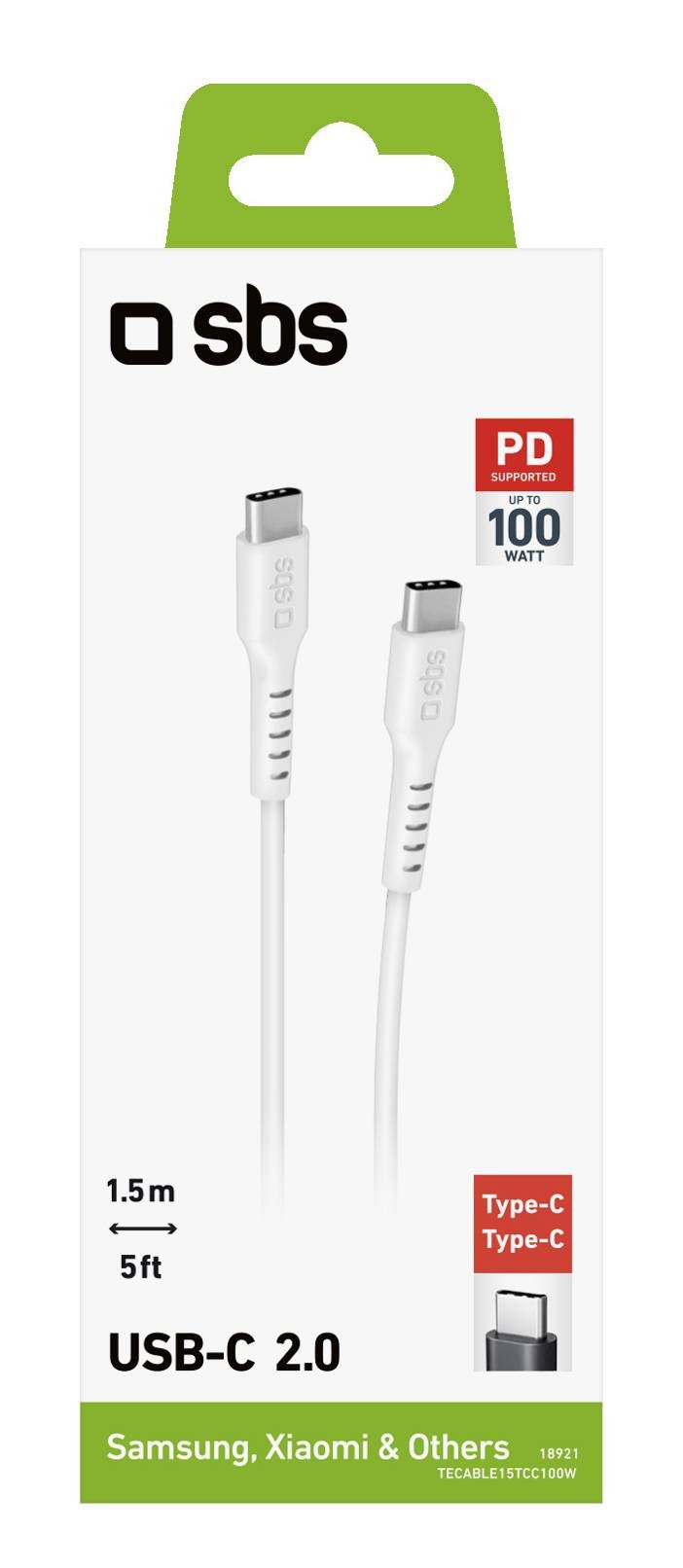 SBS Câble USB  de données et de charge 1,5 m blanc - Connecteurs USB-C pour Power Delivery 100W - CABLE-USBC-100WBLANC