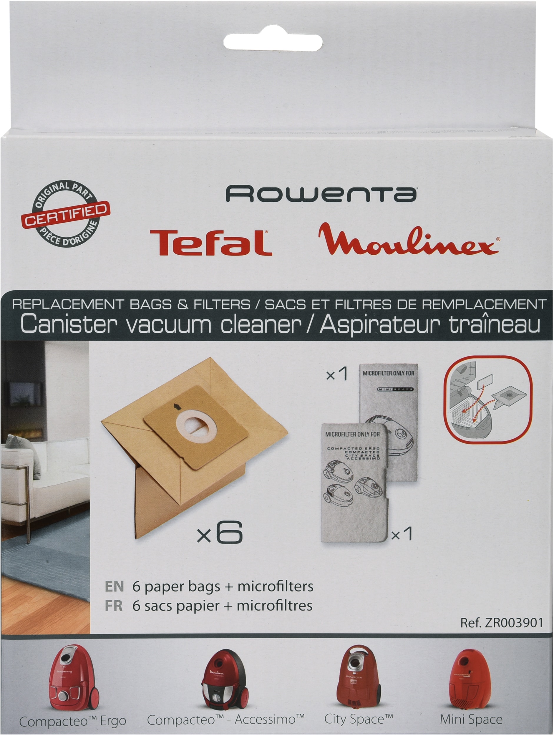 Accessoire aspirateur MOULINEX 6 sacs 1 filtre ZR003901
