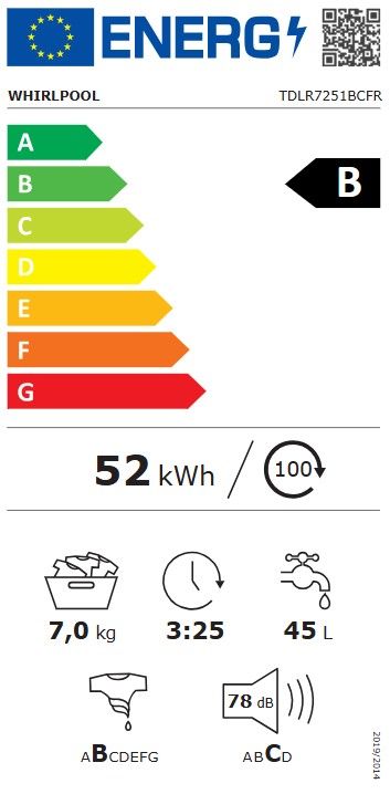 Lave linge Top WHIRLPOOL 7kg 1200trs/min Blanc - TDLR7251BCFR