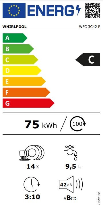 Lave vaisselle 60 cm WHIRLPOOL 6ème sens PowerClean Pro 42dB 14 couverts - WFC3C42P