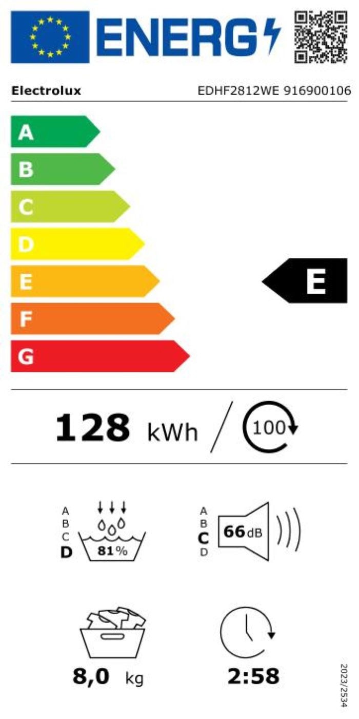 Sèche-linge pompe à chaleur ELECTROLUX , 8kg, Blanc - EDHF2812WE Sèche-linge pompe à chaleur ELECTROLUX , 8kg, Blanc - EDHF2812WE