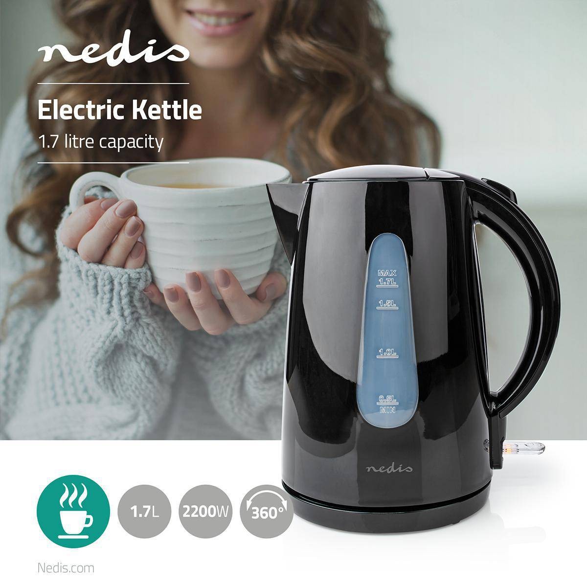 Bouilloire NEDIS , 1,7L, 2200w, Noir - KAWK130EBK