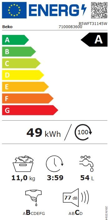 Lave linge Frontal BEKO 11kg 1400trs/min Blanc - B5WFT31145W