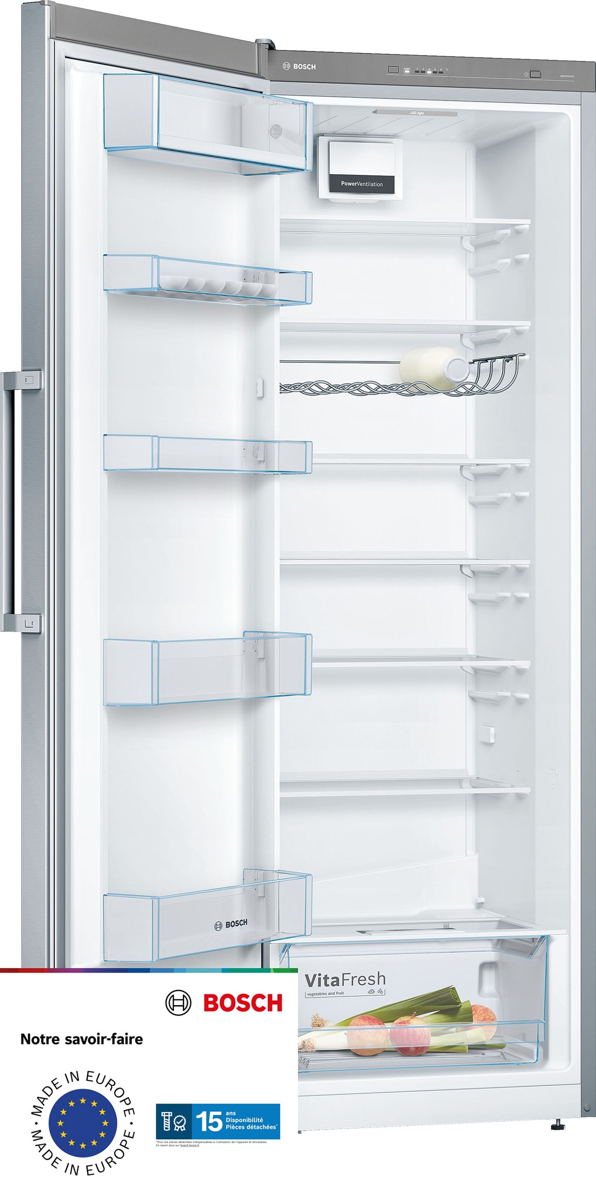 Réfrigérateur 1 porte BOSCH Série 4, Froid Brassé, 324L, Inox - KSV33VLEP