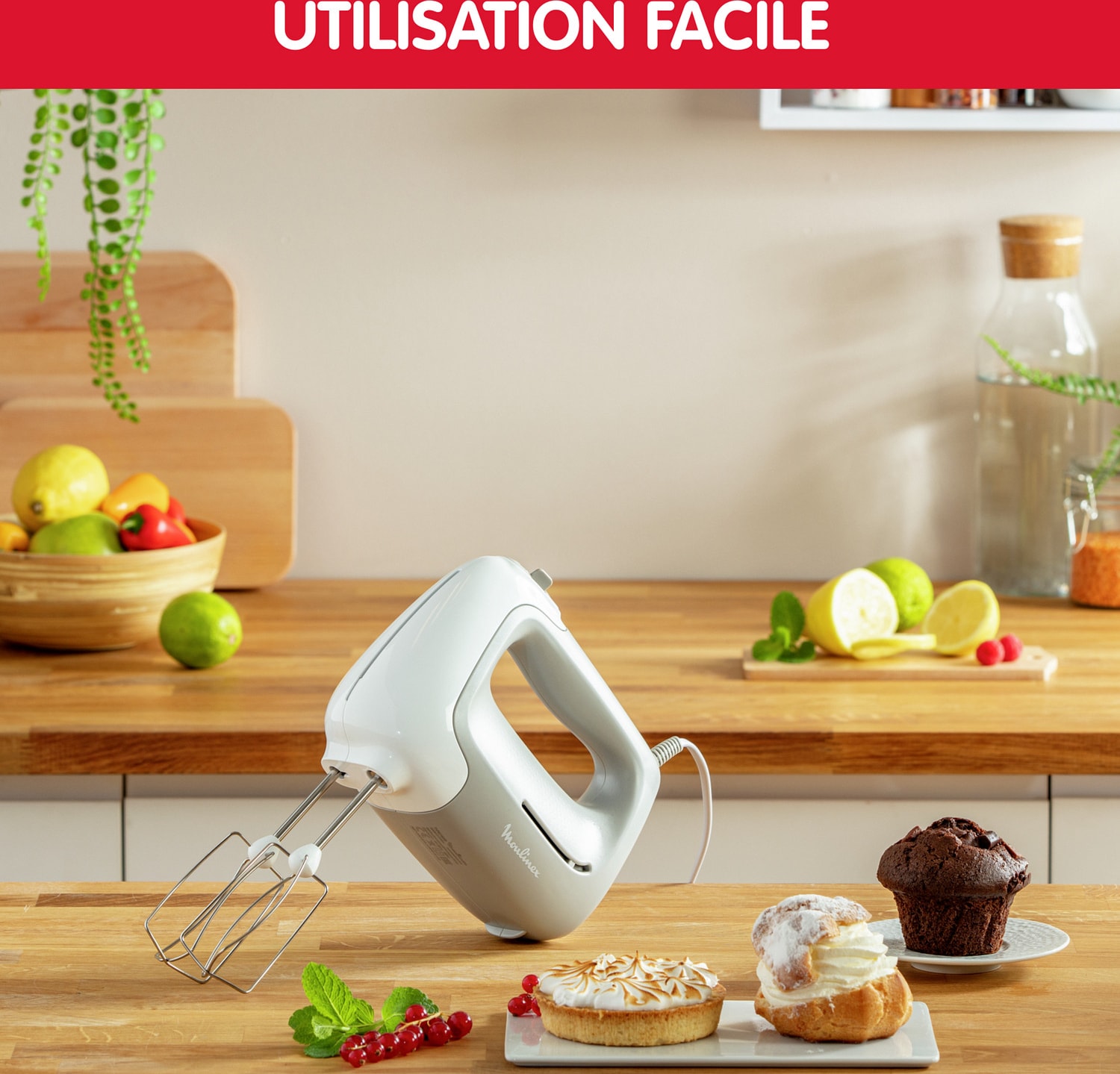 Batteur MOULINEX 2 Fouets 2 Pétrins Inox 450W Poivre - HM450B10