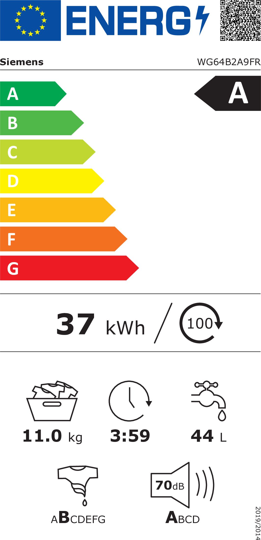 Lave linge Frontal SIEMENS 11kg 1400trs/min Blanc - WG64B2A9FR