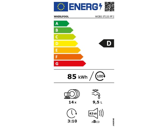 Lave vaisselle encastrable 60 cm WHIRLPOOL 6ème Sens 14 couverts 43dB Inox - WCBO3T133PFI