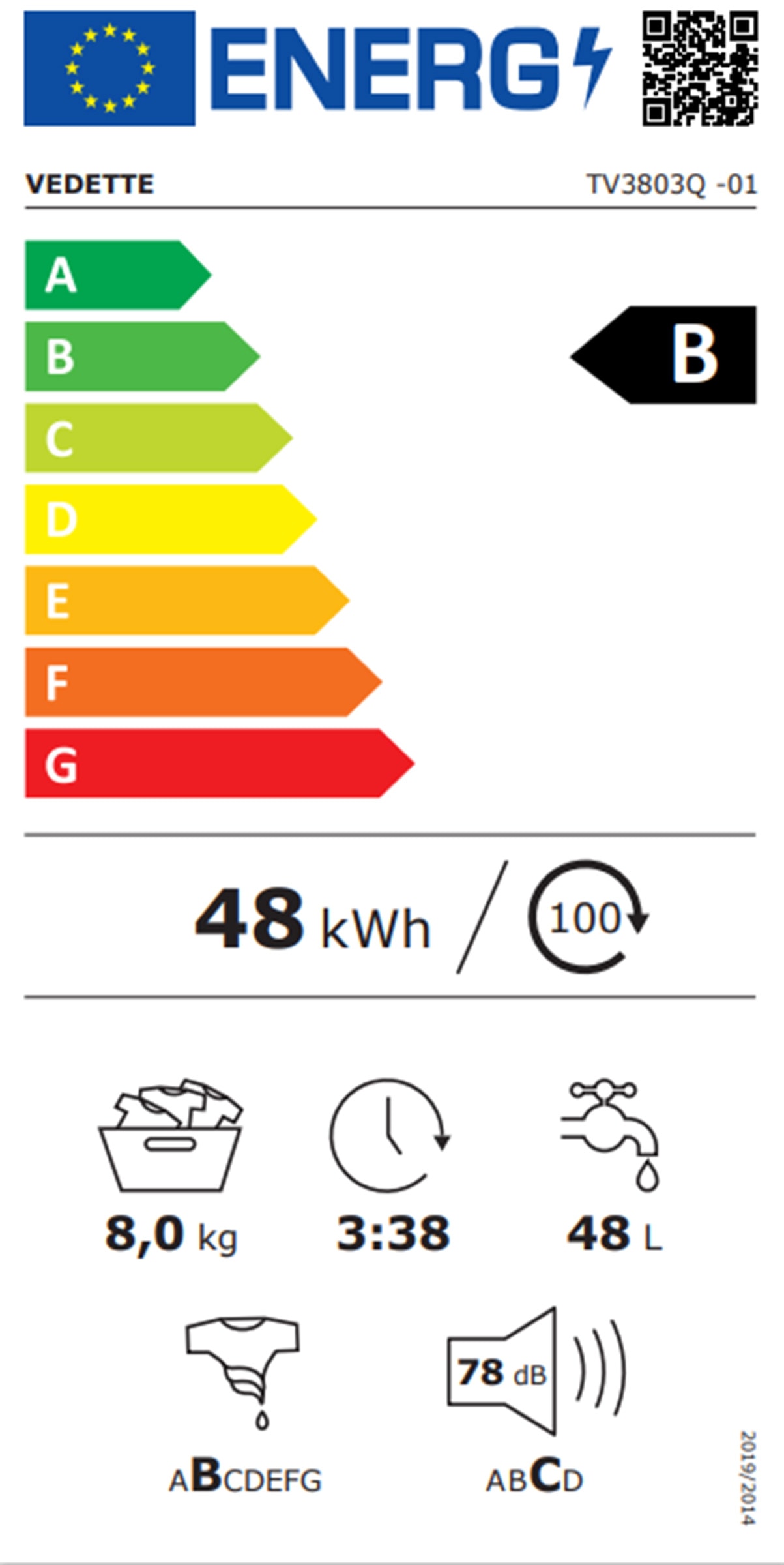 Lave linge Top VEDETTE , 1300trs/mn, 8kg, Blanc - TV3803Q