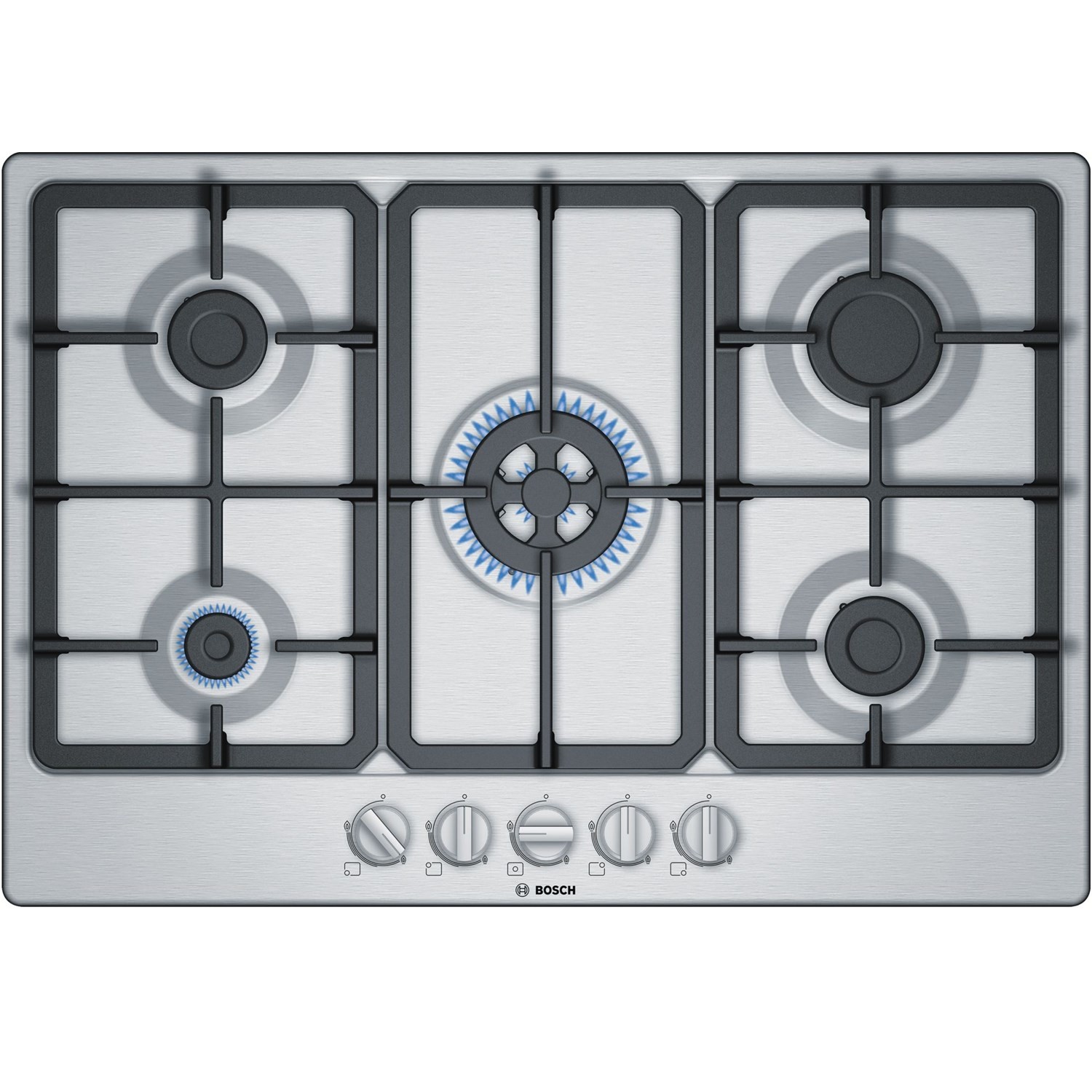 Plaque gaz BOSCH Série 4, 5 bruleurs, 10800W, 75cm, Inox PGQ7B5B90