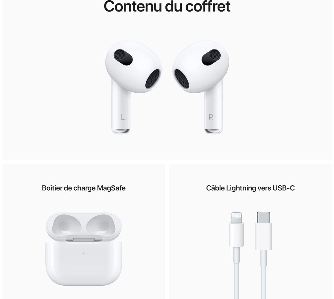 Ecouteurs APPLE AirPods (3ᵉ génération) avec Boîtier de charge MagSafe - AIRPODS-MME73ZM Ecouteurs APPLE AirPods (3ᵉ génération) avec Boîtier de charge MagSafe - AIRPODS-MME73ZM