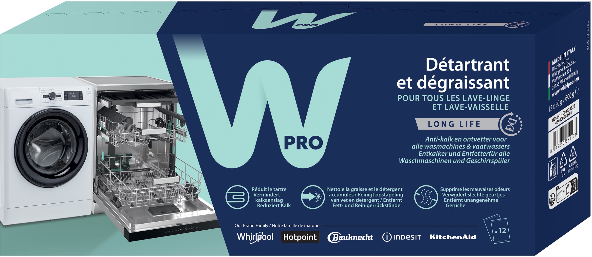 Détartrant WPRO 3 en 1 Lave-linge Lave-vaisselle 12x50g DES131