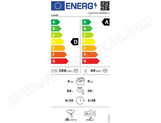 Lave linge sechant Frontal CANDY , Fonction Vapeur, 1400 trs/mn, 9kg, Noir - CSWS496TWMBBE-47