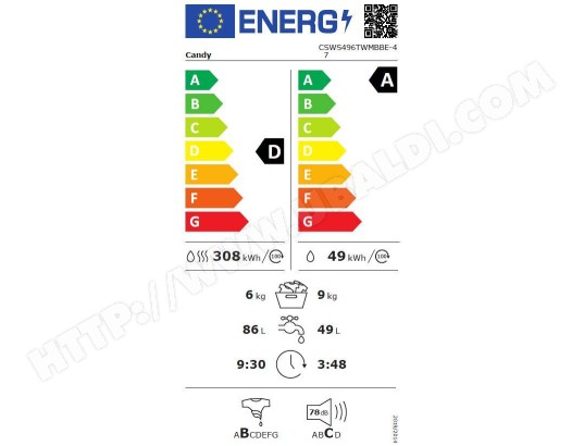 CANDY Lave linge sechant Frontal Fonction Vapeur 1400 trs/mn 9kg - CSWS496TWMBBE-47