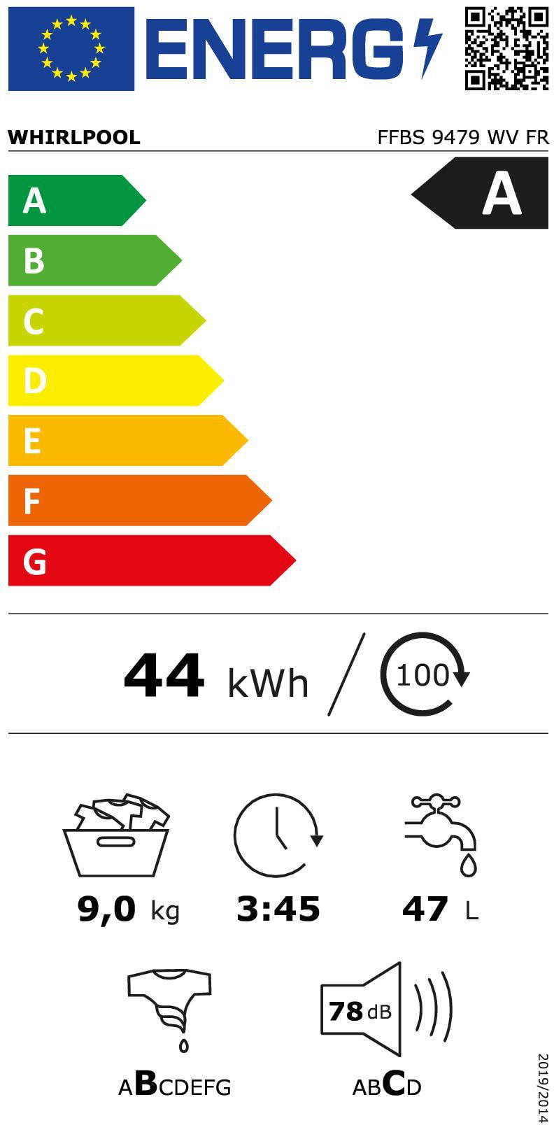 Lave linge Frontal WHIRLPOOL , 1400 trs/mn, 9kg, Blanc - FFBS9479WVFR