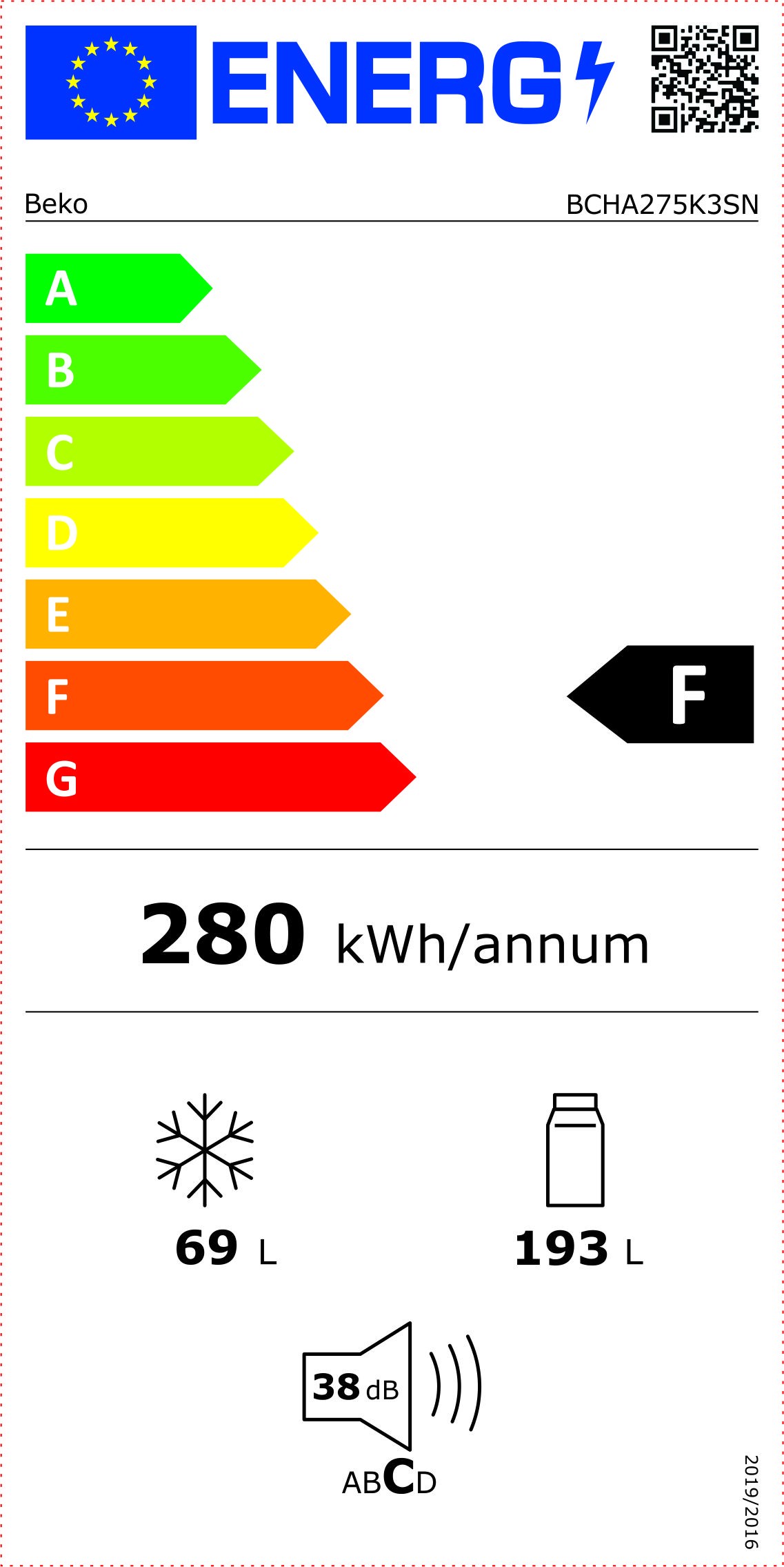 BEKO Réfrigérateur congélateur encastrable Froid statique No Frost 262L  - BCHA275K3SN